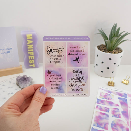 CLEAR FOCUS & SELF BELIEF - FOILED PLANNER STICKER QUOTES